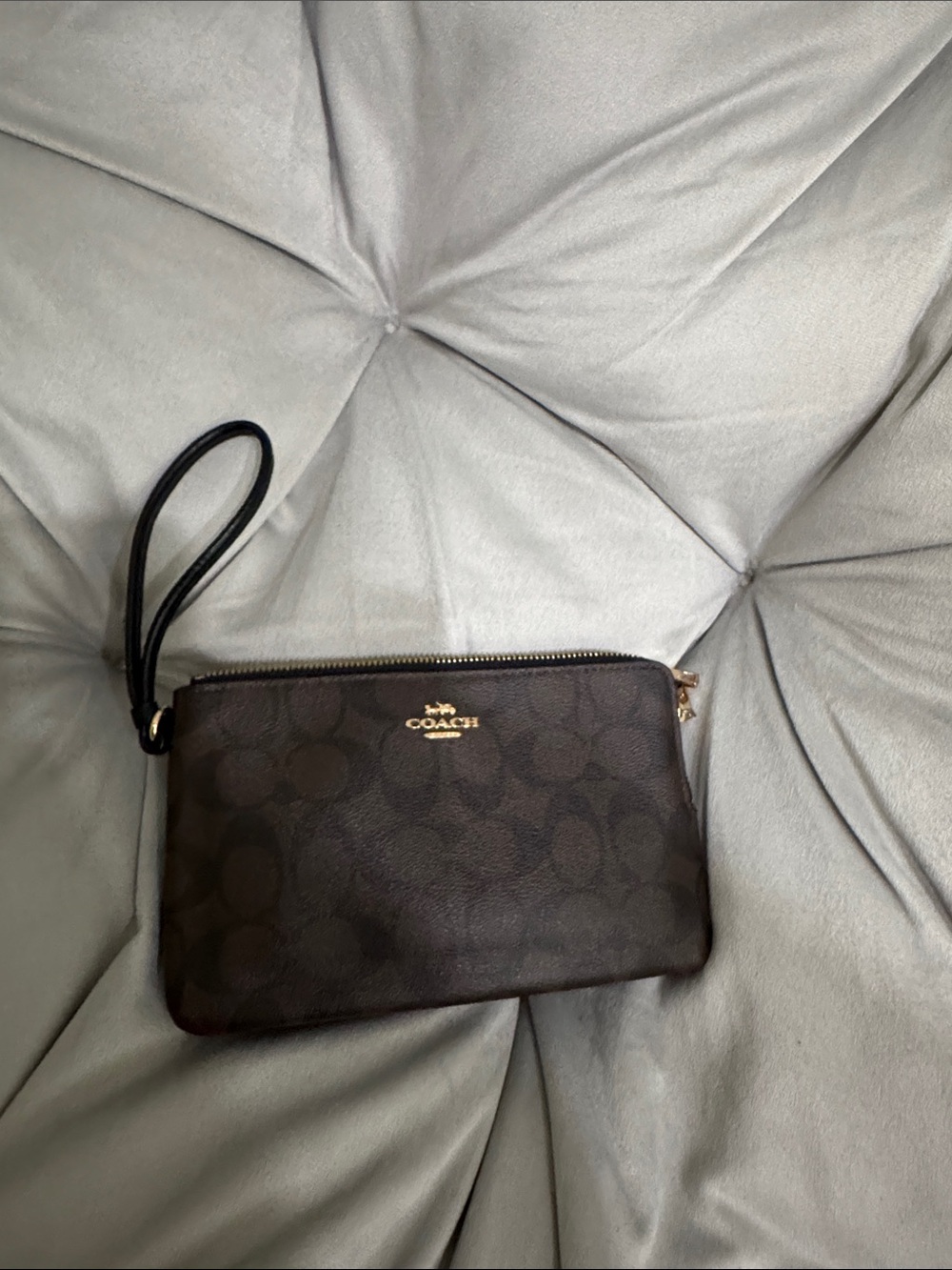 Coach Dark Brown Signature Wristlet with Black Strap